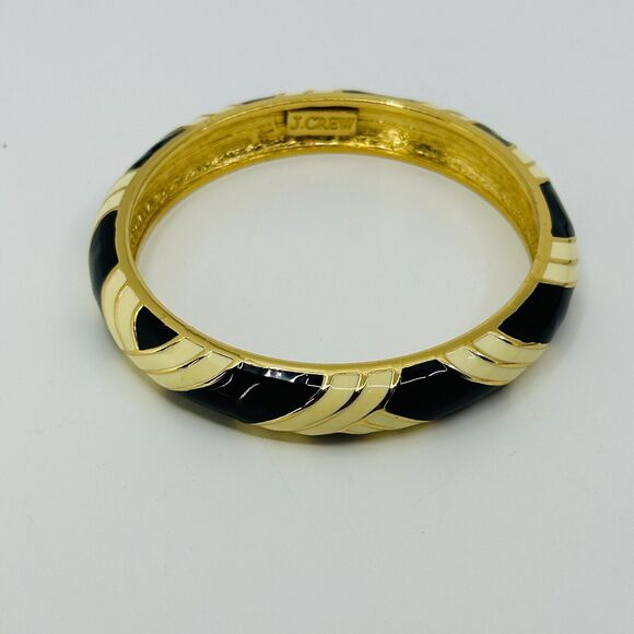 J. Crew Bangle Bracelet Black White Enamel Criss Cross Gold Tone .5" Wide - Picture 1 of 7